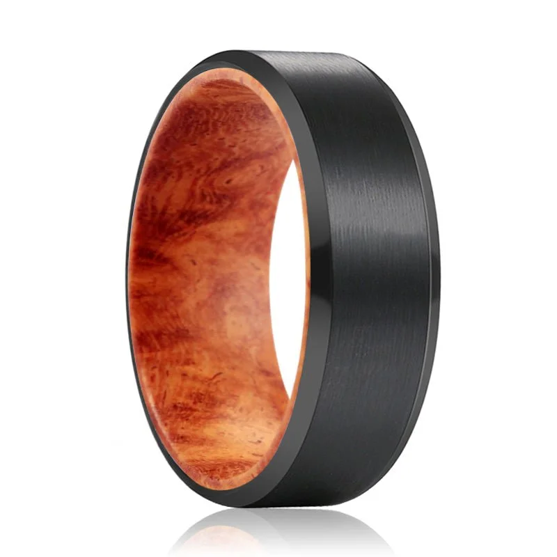 silver-plated rings for women-BANDIT | Red Burl Wood, Black Tungsten Ring, Brushed, Beveled