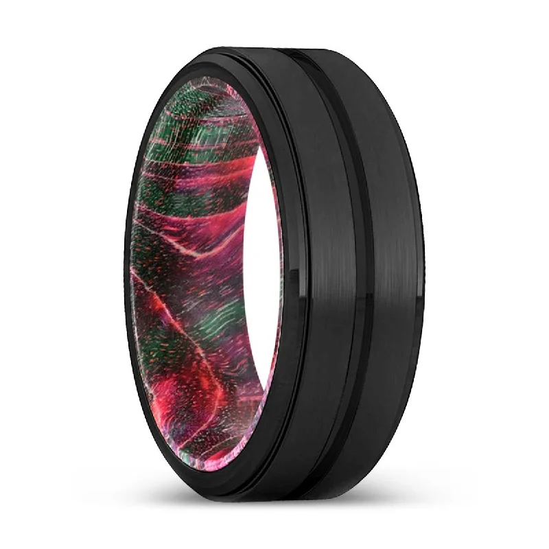 silver rings for women-COYOTE | Green & Red Wood, Black Tungsten Ring, Grooved, Stepped Edge