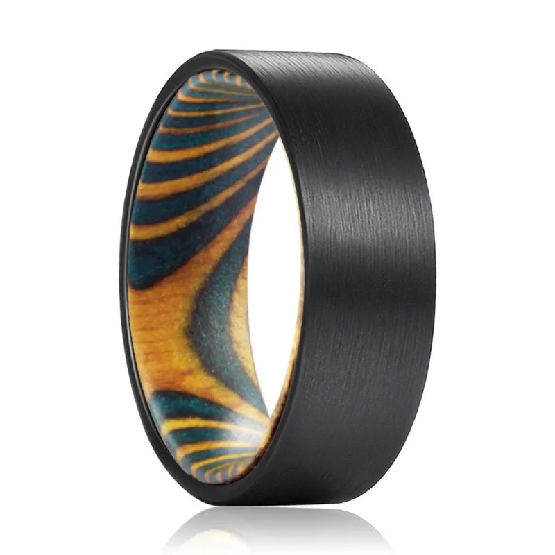 diamond-encrusted rings for women-BARTH | Green and Yellow Wood, Black Flat Brushed Tungsten