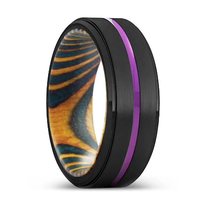 promise wedding rings for women-MILDURA | Green & Yellow Wood, Black Tungsten Ring, Purple Groove, Stepped Edge