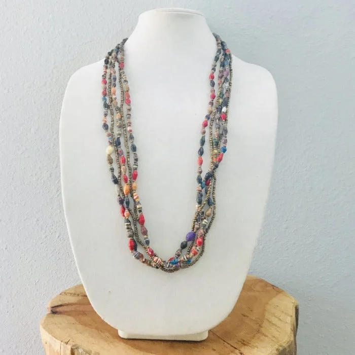 statement pearl necklaces for women-Five-Strand Paper & Seed Bead Necklace