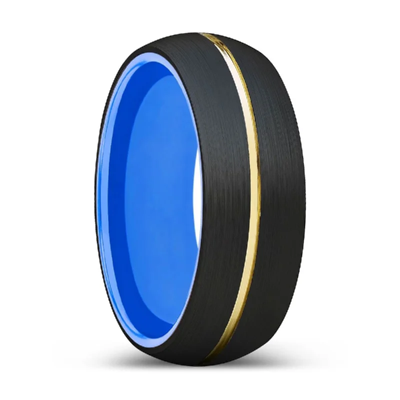 classic gold rings for women-ZDENO | Blue Ring, Black Tungsten Ring, Gold Groove, Domed