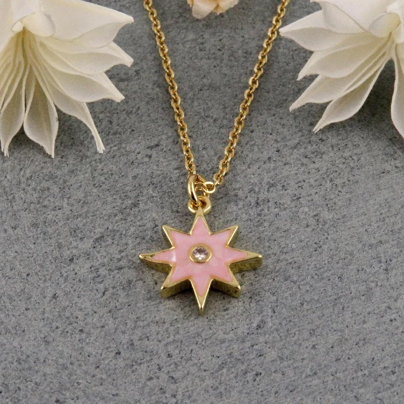 gemstone necklaces for women-Mosaic Pearl Star Necklace - Pink