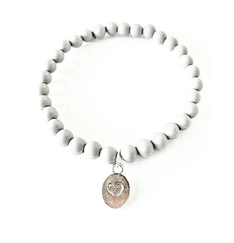 solid bangle bracelets for women-‘Self Love’ Grey Beaded Bracelet with Pressed Heart Charm