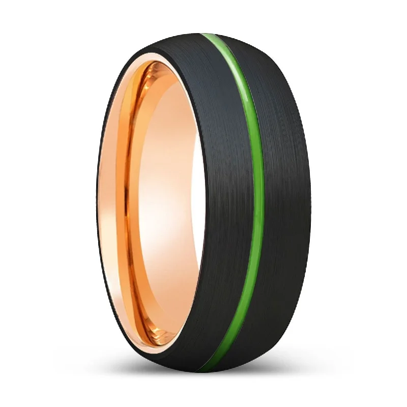 luxury diamond rings for women-LIONEL | Rose Gold Ring, Black Tungsten Ring, Green Groove, Domed