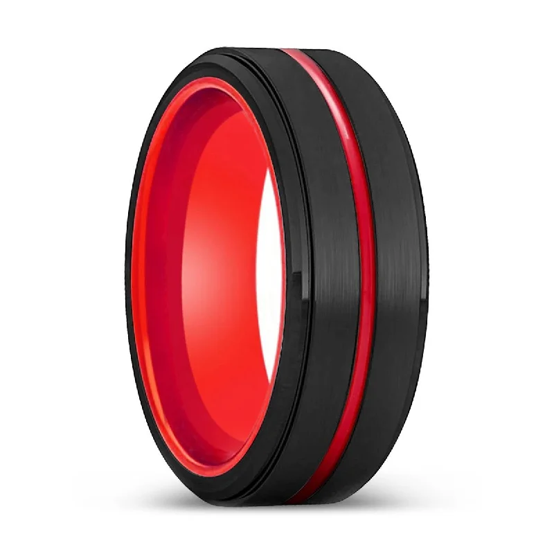 luxury gold bands for women-DEVILBLOOD | Red Ring, Black Tungsten Ring, Red Groove, Stepped Edge