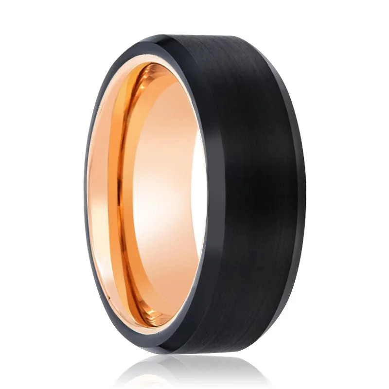 vintage gold rings for women-DIABLO | Rose Gold Ring, Black Tungsten Ring, Brushed, Beveled