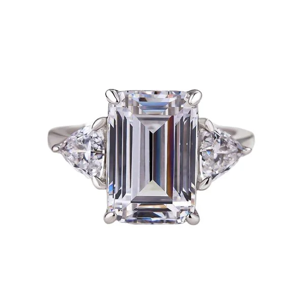 white diamond engagement rings-Emerald Cut White Sapphire Three Stone Engagement Ring