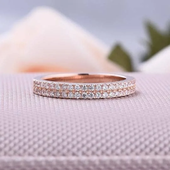 platinum engagement rings for women-Rose Gold Double Halo Round Cut Women's Wedding Band