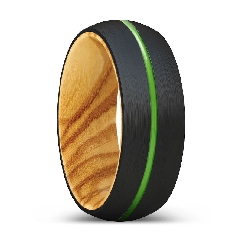 unique diamond rings for women-OSTRICH | Olive Wood, Black Tungsten Ring, Green Groove, Domed