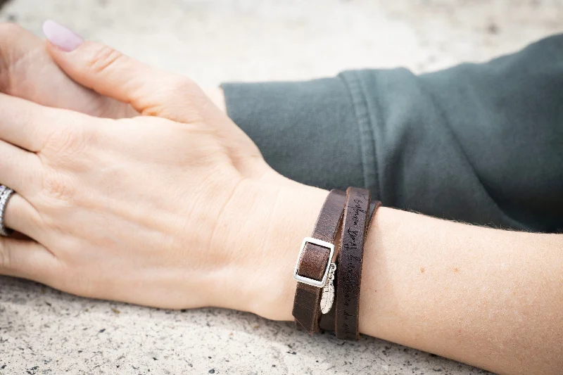 bangle sets for wedding-Leather Wrap Bracelet Feather Charm | Dark Brown + Silver | Boho Handmade Jewelry Affirmations Gift For Her Personalized