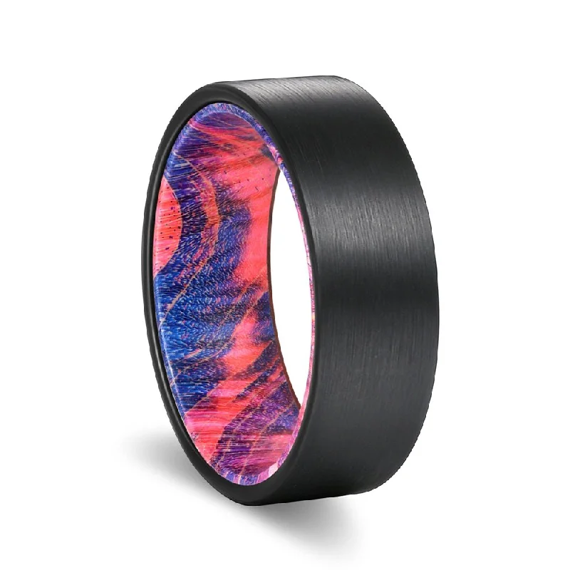 signet rings for women-DESTROYER | Blue and Red Wood, Black Flat Brushed Tungsten