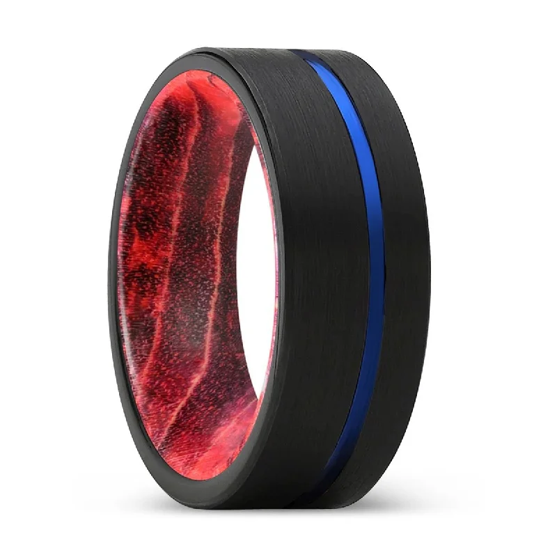 wedding bands for women-NEFARIOUS | Black & Red Wood, Black Tungsten Ring, Blue Offset Groove, Flat