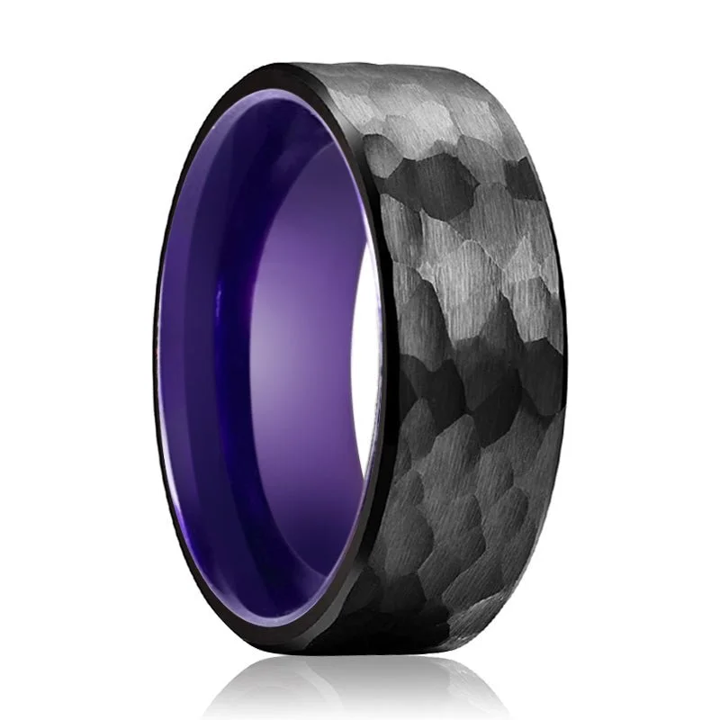 eternity rings for women-ALLIUM | Purple Ring, Black Tungsten Ring, Hammered, Flat