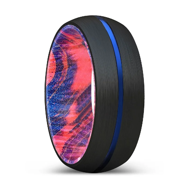 romantic rings for women-OWEIN | Blue & Red Wood, Black Tungsten Ring, Blue Groove, Domed