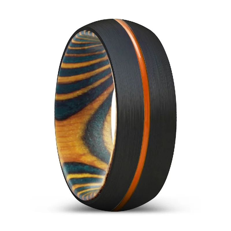 modern gold rings for women-GINKO | Green & Yellow Wood, Black Tungsten Ring, Orange Groove, Domed