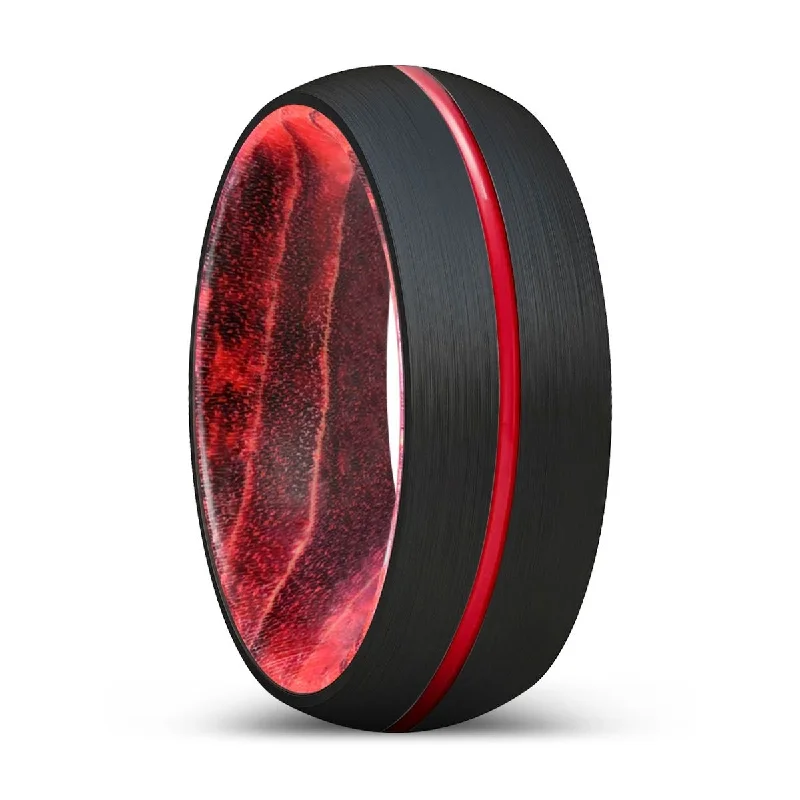 birthstone wedding rings for women-PIRANHA | Black & Red Wood, Black Tungsten Ring, Red Groove, Domed