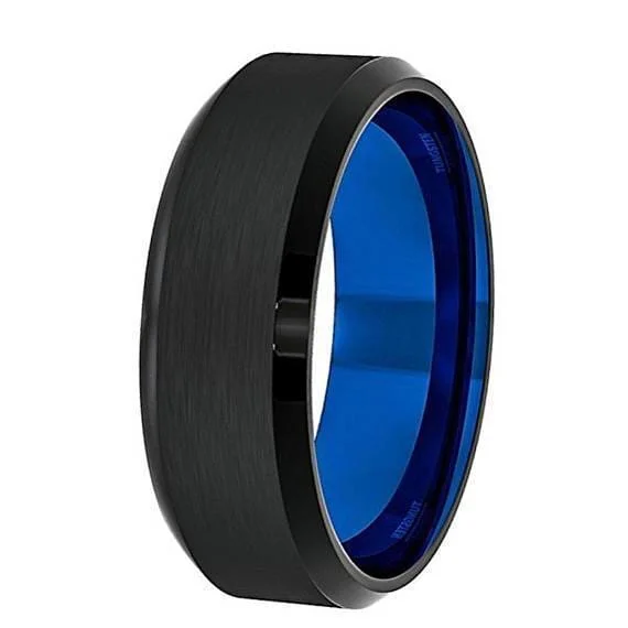 vintage gemstone rings for women-Men's Black Tungsten Wedding Band With Beveled Edges and Blue Inside - 8 mm