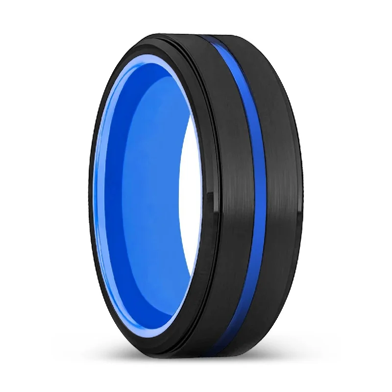 large rings for women-DECIMATION | Blue Ring, Black Tungsten Ring, Blue Groove, Stepped Edge