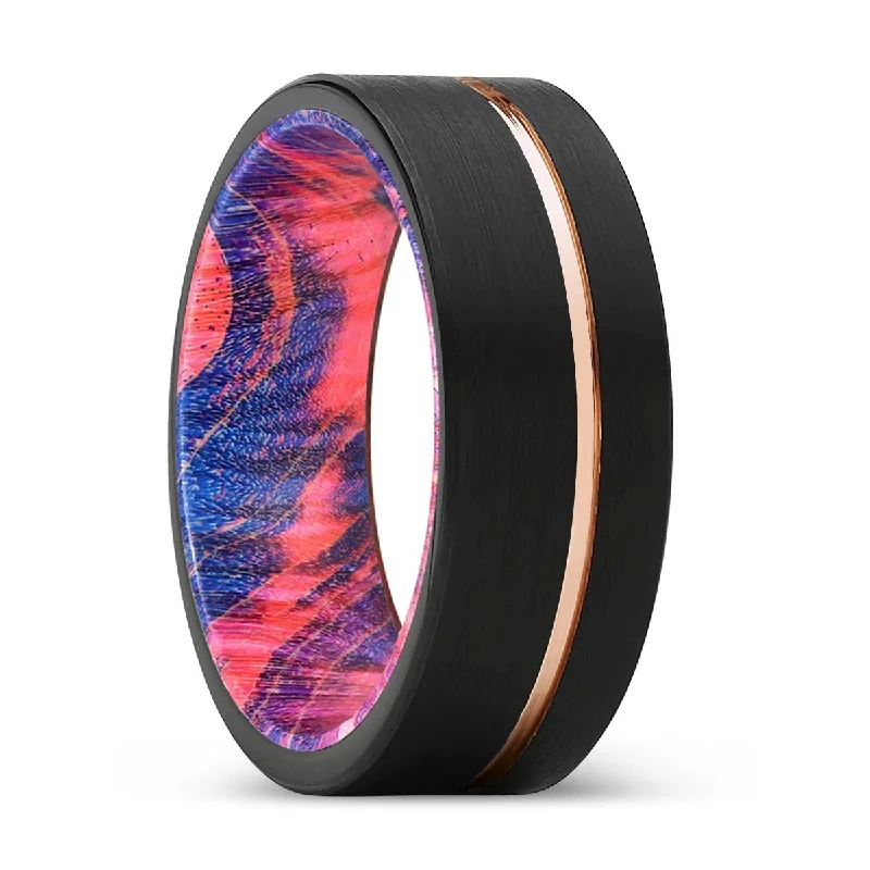 gold-plated rings for women-ZEAL | Blue & Red Wood, Black Tungsten Ring, Rose Gold Offset Groove, Brushed, Flat