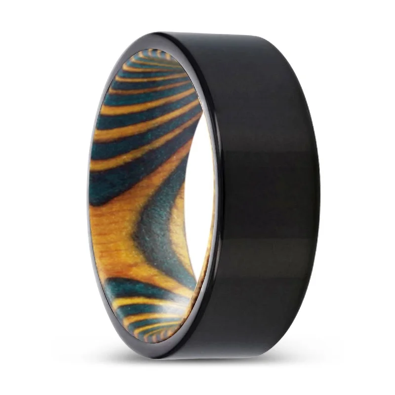 diamond rings for women-ELEKTRA | Green & Yellow Wood, Black Tungsten Ring, Shiny, Flat