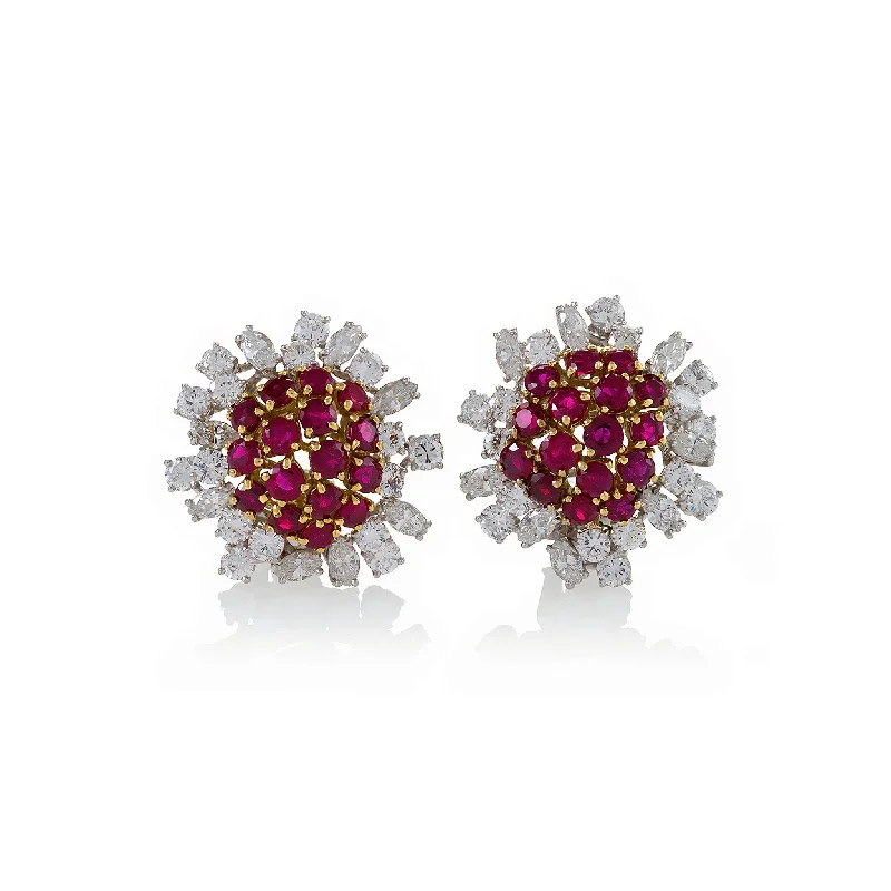 pearl earrings for women-Boucheron Paris Ruby and Diamond Flower Earrings