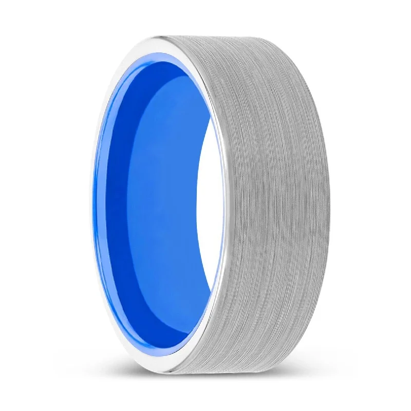 silver-plated rings for women-MORRIS | Blue Ring, White Tungsten Ring, Brushed, Flat