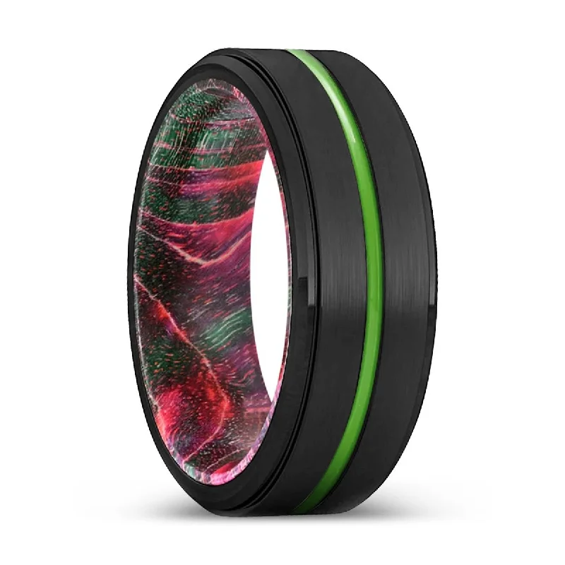 classic rings for women-ESCONDIDO | Green & Red Wood, Black Tungsten Ring, Green Groove, Stepped Edge