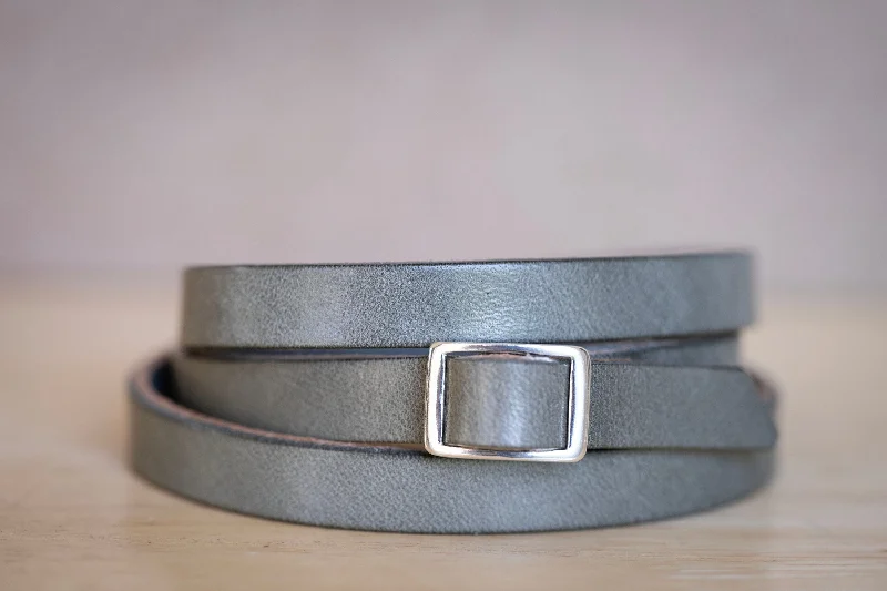 floral bangles for women-Leather Bracelet Sterling Silver Buckle | Gray + Silver | Womens Engraved Handmade Personalized Jewelry Boho Style Gift For Her