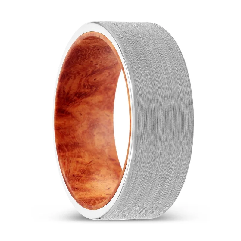 diamond solitaire rings for women-DAWOOD | Red Burl Wood, White Tungsten Ring, Brushed, Flat