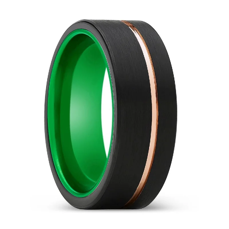 heart-shaped rings for women-ROYALTY | Green Ring, Black Tungsten Ring, Rose Gold Offset Groove, Brushed, Flat