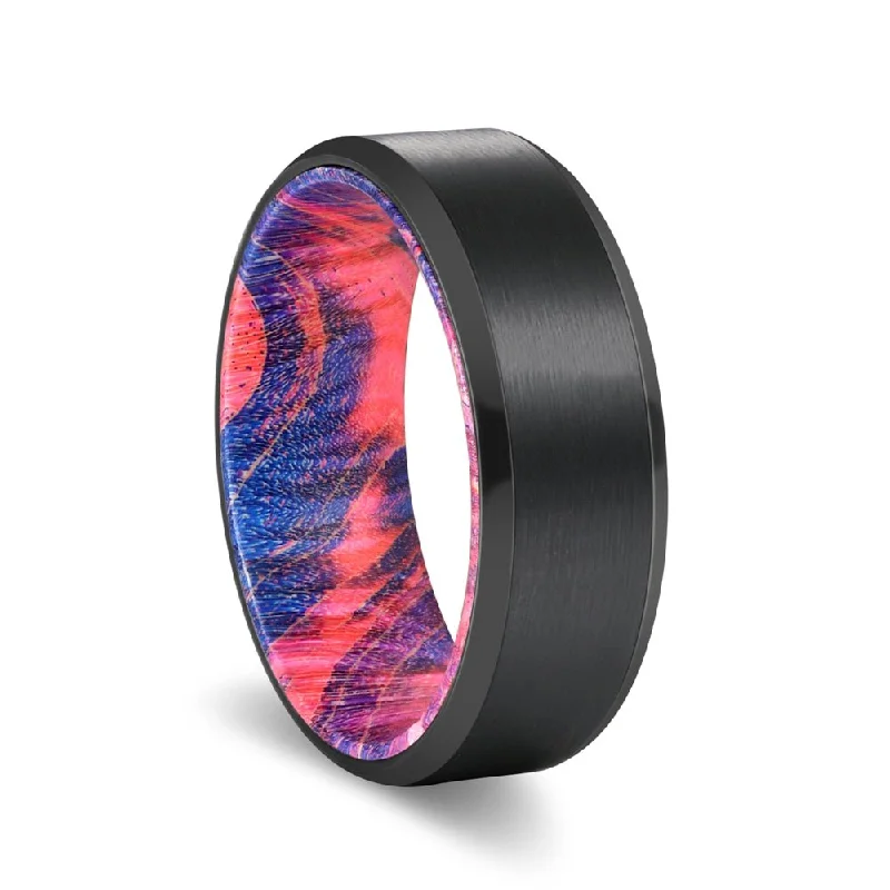 designer wedding rings for women-FLAME | Blue and Red Wood, Black Tungsten Ring, Brushed, Beveled