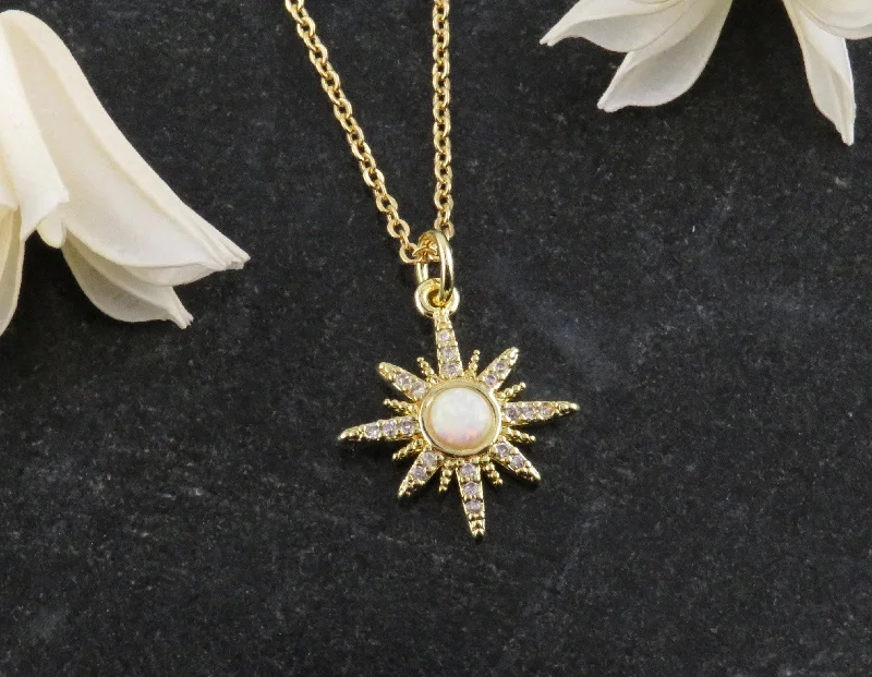 oval necklaces for women-Gold Opal Starburst Necklace