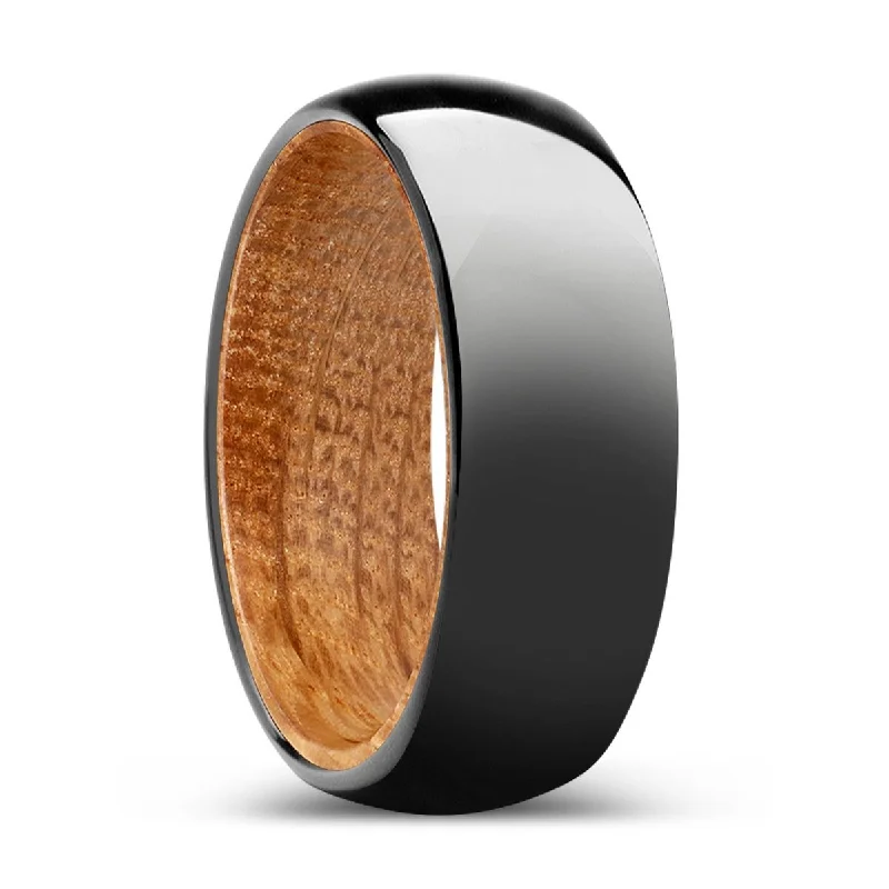 heart-shaped rings for women-VERDANT | Whiskey Barrel Wood, Black Tungsten Ring, Shiny, Domed