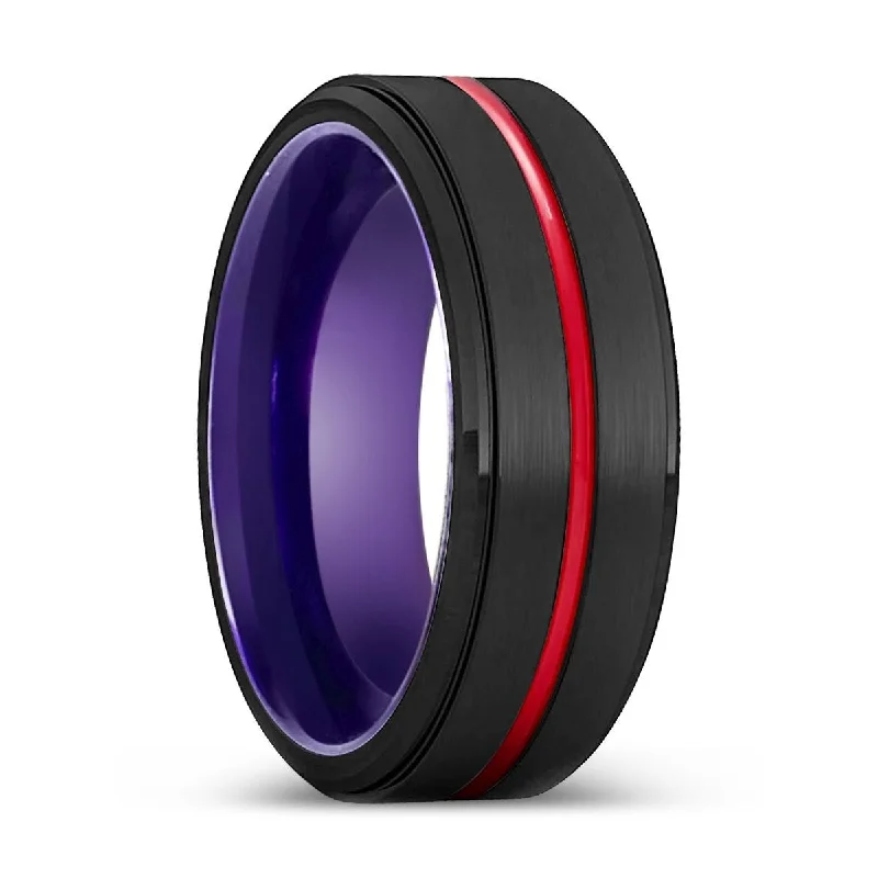 gold diamond rings for women-PUREBORN | Purple Ring, Black Tungsten Ring, Red Groove, Stepped Edge