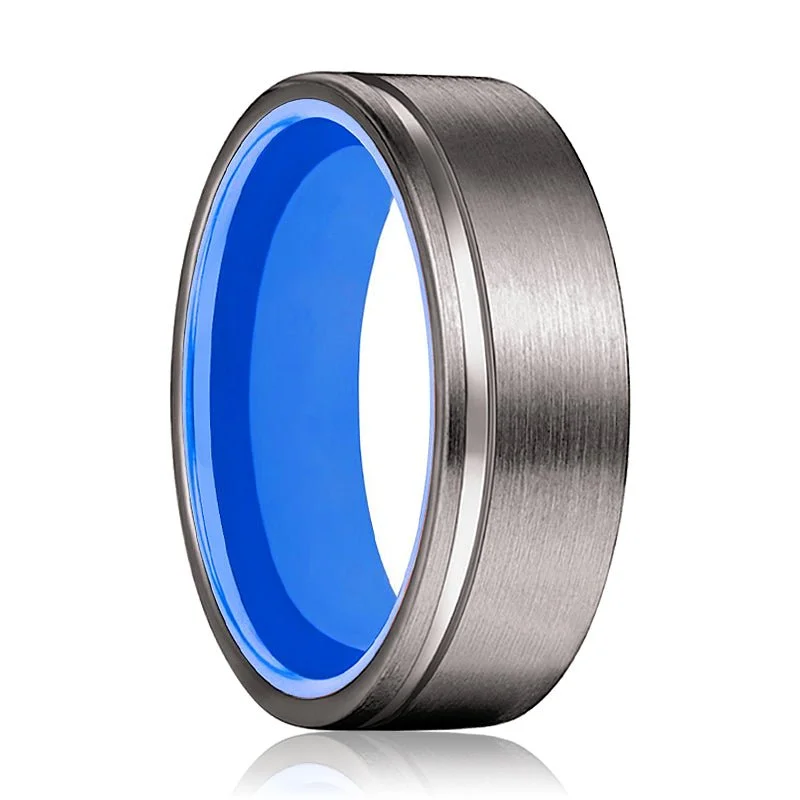 heart-shaped rings for women-GENIE | Blue Ring, Gunmetal Tungsten Offset Groove