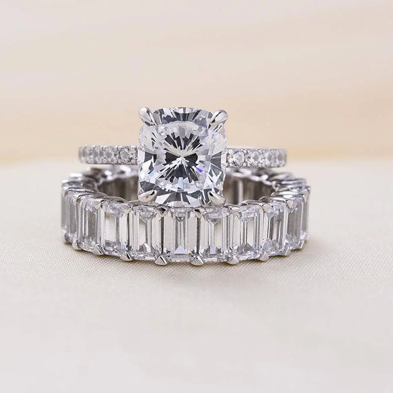 romantic diamond engagement rings-Cushion Cut Engagement Ring & Emerald Cut Wedding Ring Set