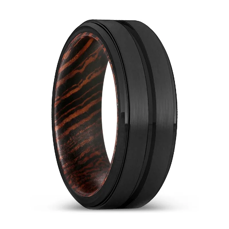 statement rings for women-GATES | Wenge Wood, Black Tungsten Ring, Grooved, Stepped Edge