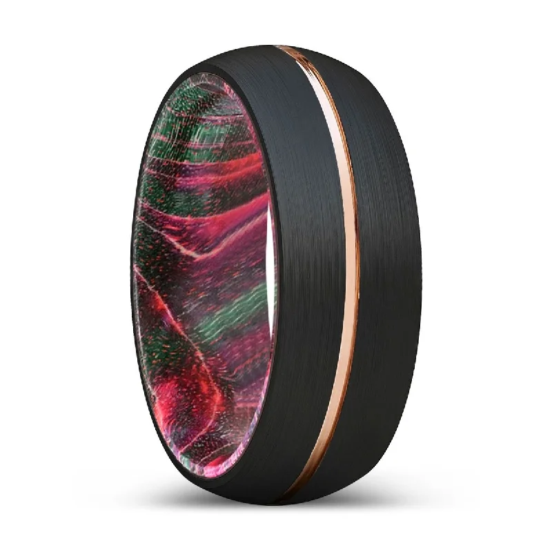 intricate rings for women-POGO | Green & Red Wood, Black Tungsten Ring, Rose Gold Groove, Domed