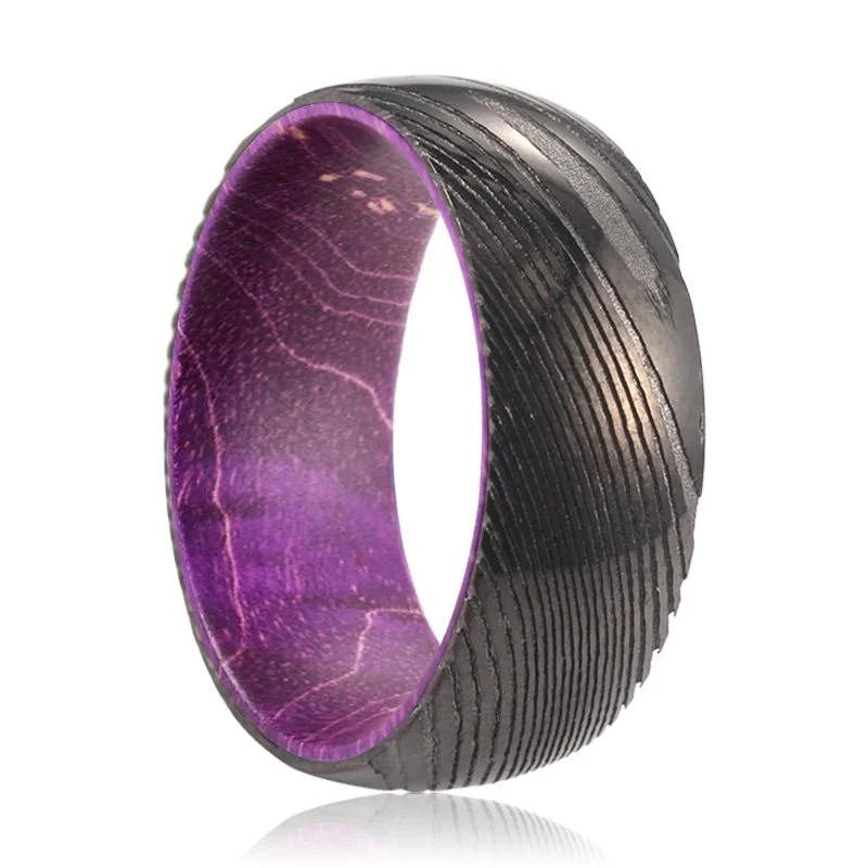 diamond wedding bands for women-WINKLE | Purple Wood, Gunmetal Damascus Steel Ring, Domed