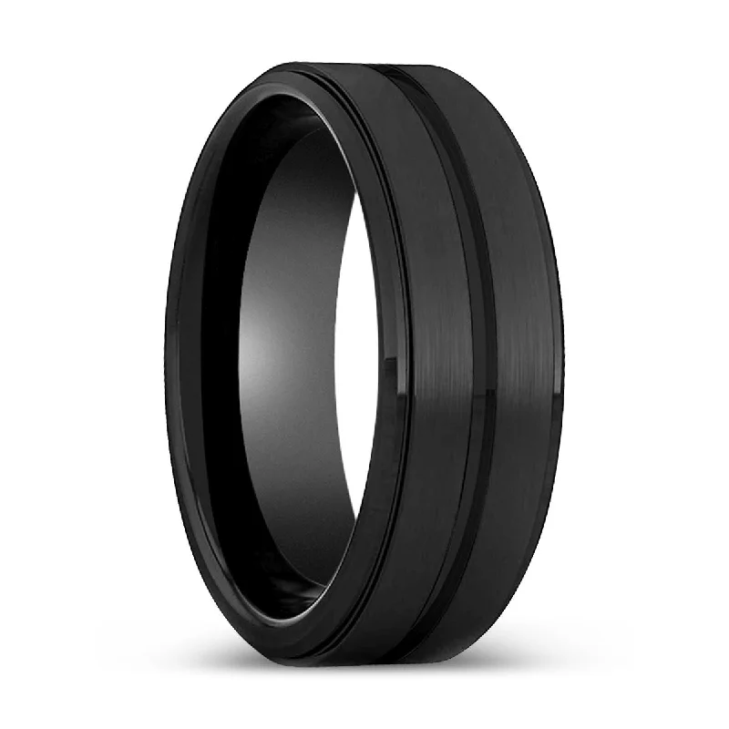 wedding bands with gemstones-ARCHER | Black Ring, Black Tungsten Ring, Grooved, Stepped Edge