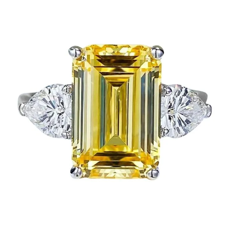 cushion cut diamond engagement rings-Yellow Sapphire 4.0ct Emerald Cut Three Stone Engagement Ring