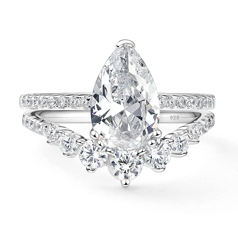 designer engagement rings-7*11mm Pear Cut Created Diamond Engagement Ring Set