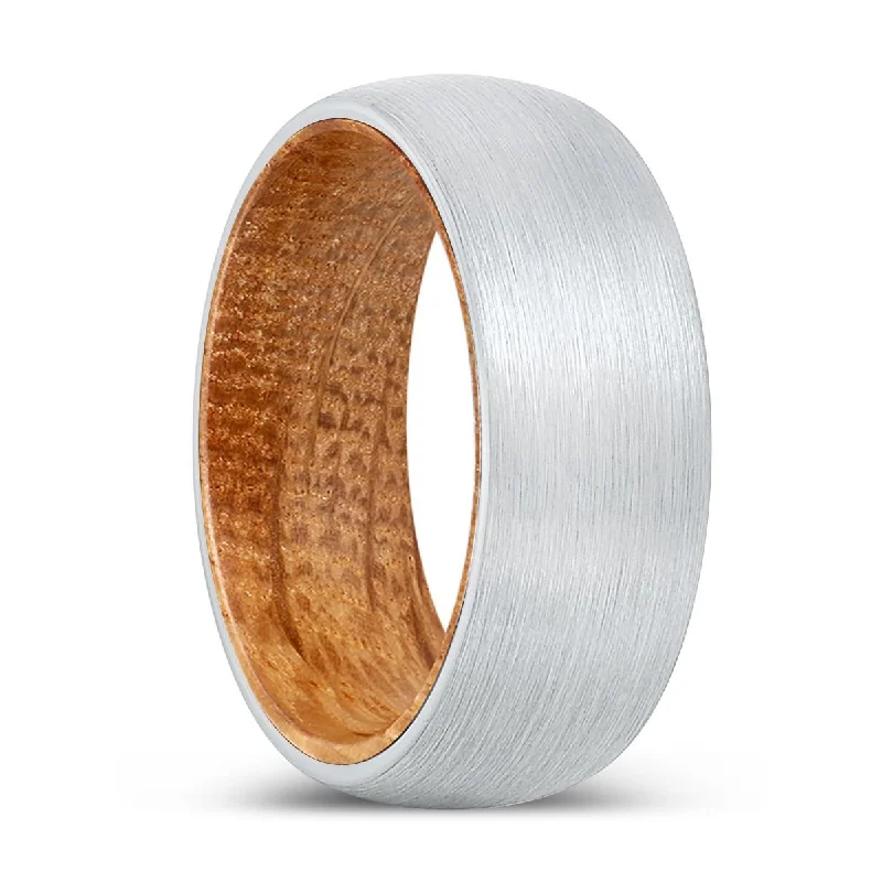 stackable rings for women-GOLIATH | Whiskey Barrel Wood, White Tungsten Ring, Brushed, Domed