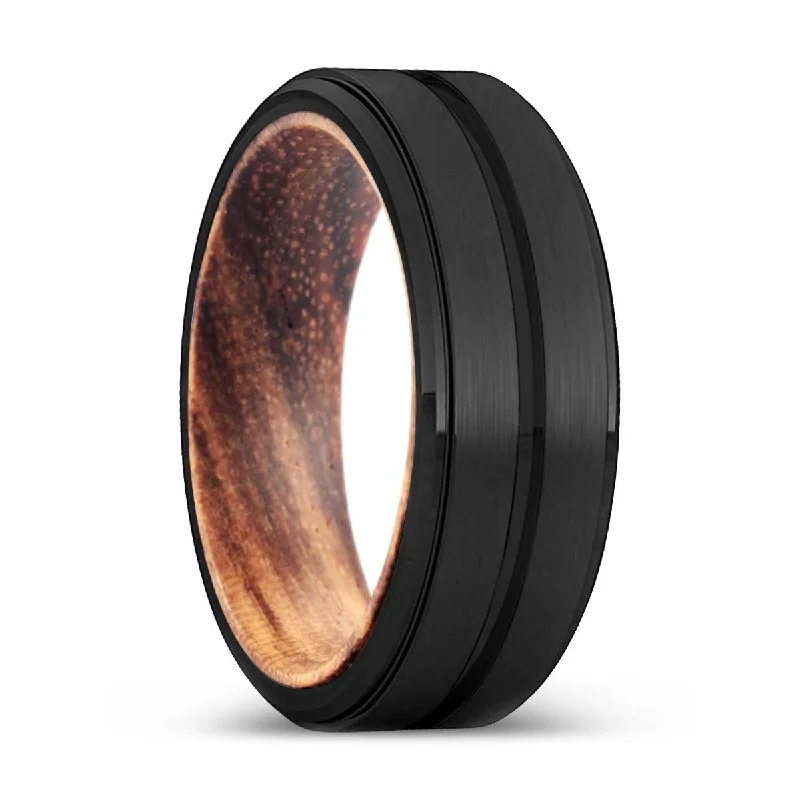 personalized rings for women-MILES | Zebra Wood, Black Tungsten Ring, Grooved, Stepped Edge