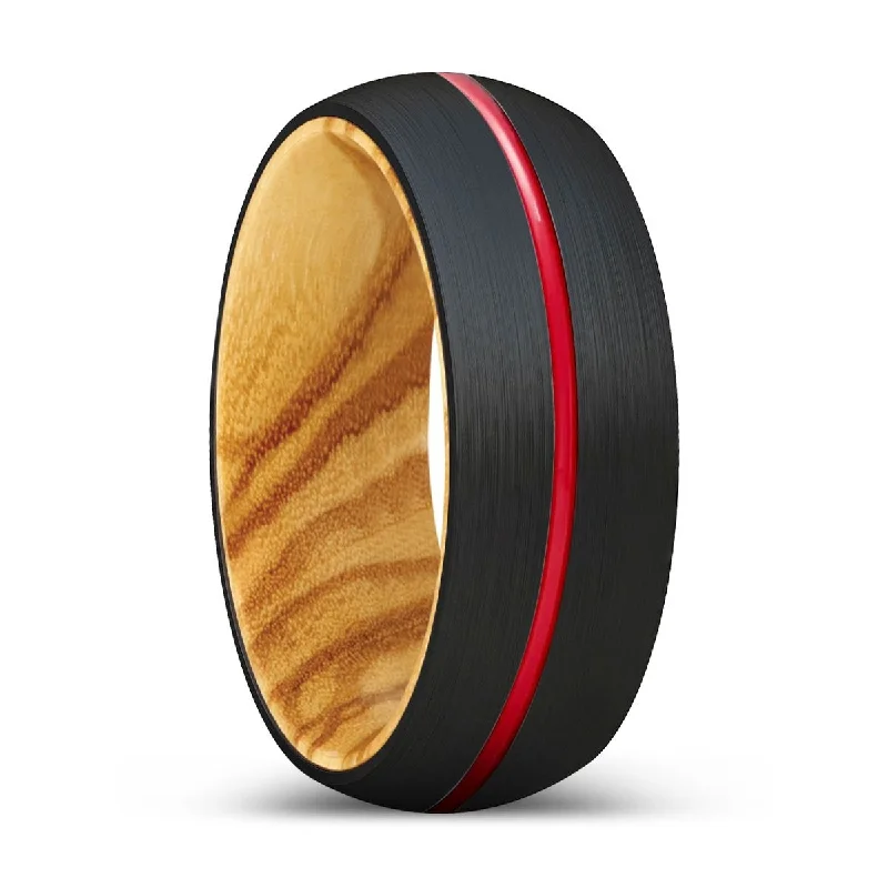 stackable rings for women-BLUSTER | Olive Wood, Black Tungsten Ring, Red Groove, Domed