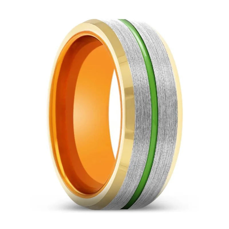 diamond-encrusted rings for women-CRUSADER | Orange Ring, Silver Tungsten Ring, Green Groove, Gold Beveled Edge