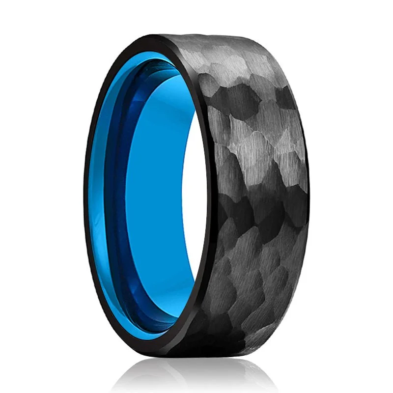 trendy rings for women-KAILANI | Blue Tungsten Ring, Black Tungsten Ring, Hammered, Flat