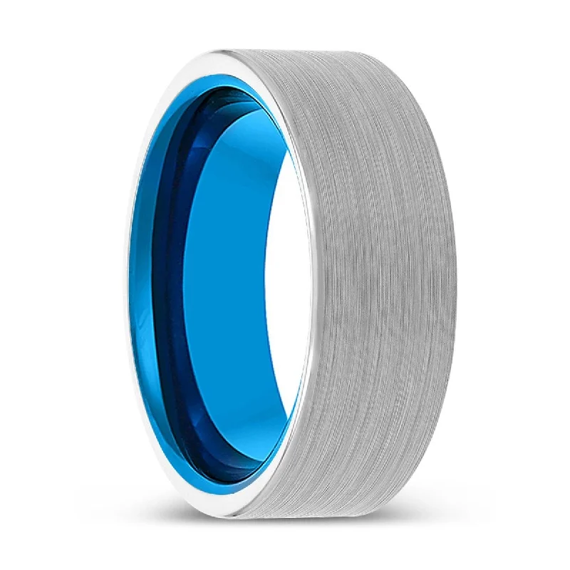 classic wedding bands for women-KADEN | Blue Tungsten Ring, White Tungsten Ring, Brushed, Flat