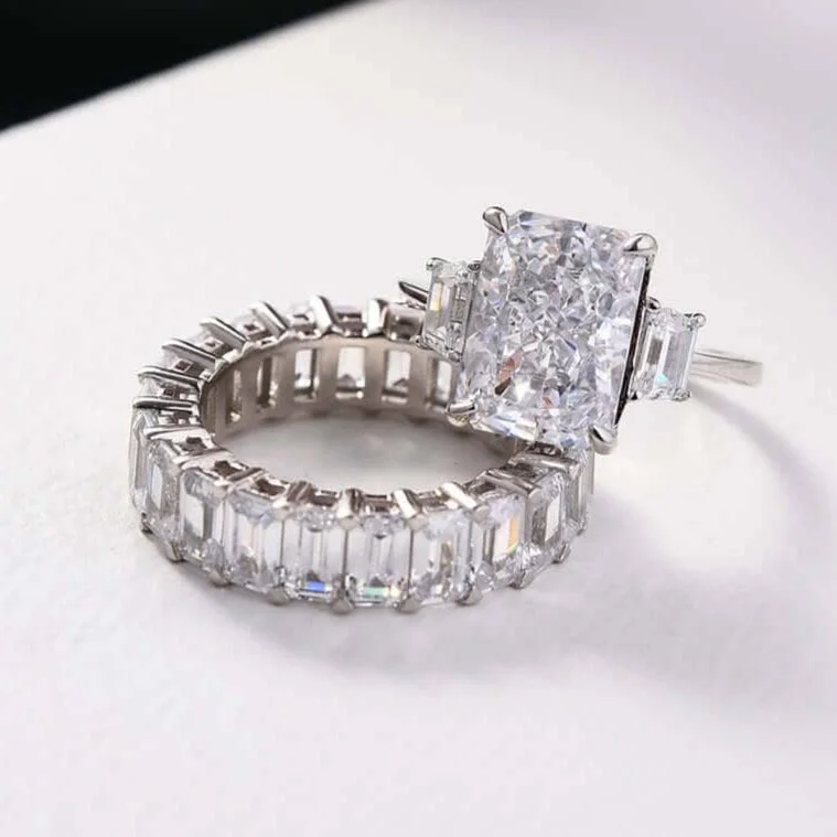 wedding engagement rings set-5ct Radiant Cut Simulated Diamond Three Stone Ring Set